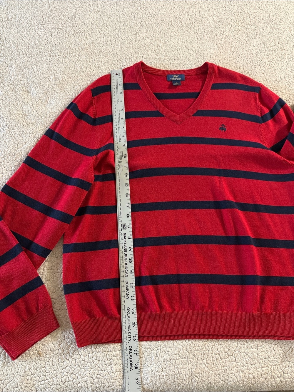Brooks Brothers Red and Navy Striped V-Neck Sweater 100% Merino Wool Large - Picture 5 of 6
